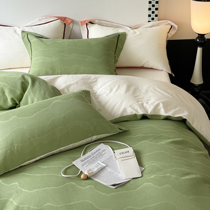 91家纺网 家纺一手货源 找家纺 玛奇朵2023新品60支华夫格大提花- 艾维斯诺系列四件套艾维斯诺-绿