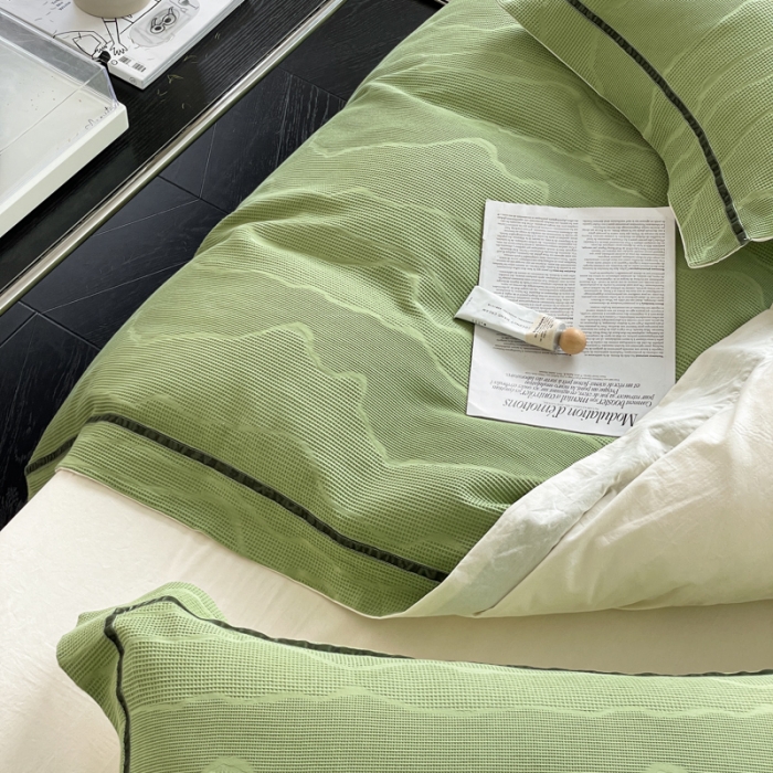 91家纺网 家纺一手货源 找家纺 玛奇朵2023新品60支华夫格大提花- 艾维斯诺系列四件套艾维斯诺-绿