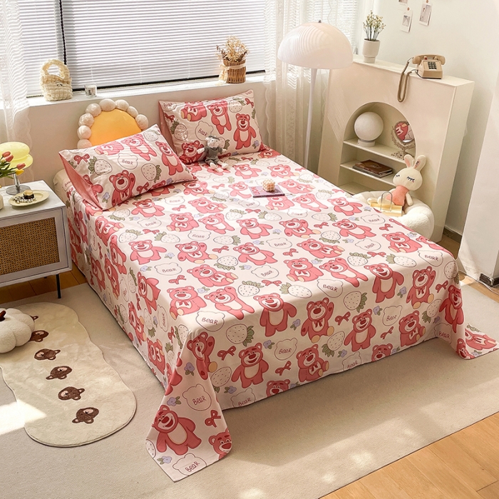 91家纺网 家纺一手货源 找家纺 绵庭 2023新款 全棉印花床单 快乐草莓熊