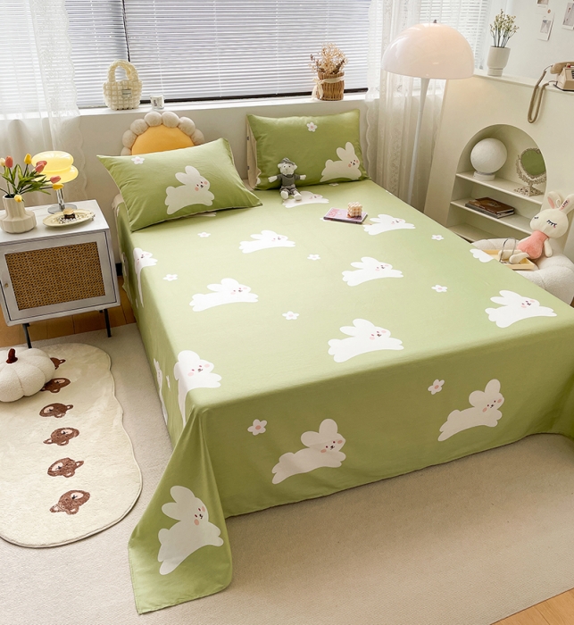 91家纺网 家纺一手货源 找家纺 绵庭 2023新款 全棉印花床单 萌萌兔 绿
