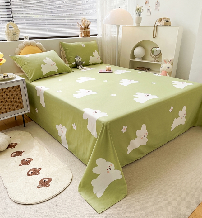 91家纺网 家纺一手货源 找家纺 绵庭 2023新款 全棉印花床单 萌萌兔 绿