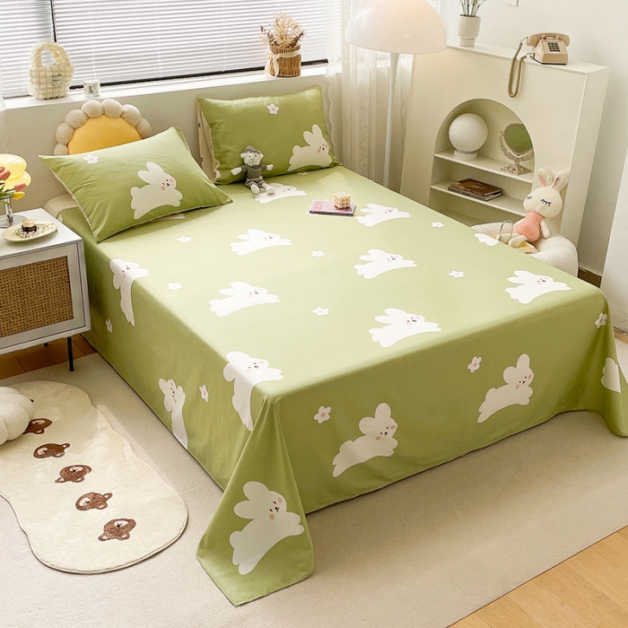 91家纺网 家纺一手货源 找家纺 绵庭 2023新款 全棉印花床单 萌萌兔 绿