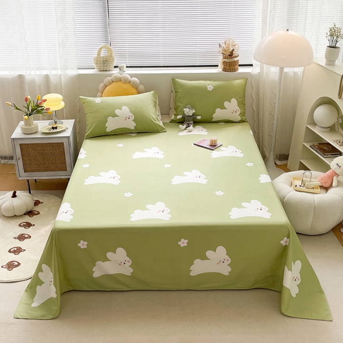 91家纺网 家纺一手货源 找家纺 绵庭 2023新款 全棉印花床单 萌萌兔 绿