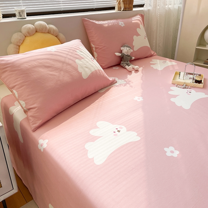 91家纺网 家纺一手货源 找家纺 绵庭 2023新款 全棉印花床单 萌萌兔-粉