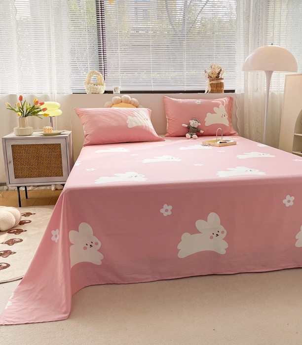 91家纺网 家纺一手货源 找家纺 绵庭 2023新款 全棉印花床单 萌萌兔-粉