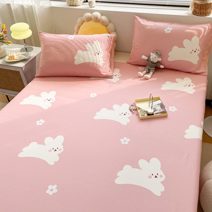 91家纺网 家纺一手货源 找家纺 绵庭 2023新款 全棉印花床单 萌萌兔-粉