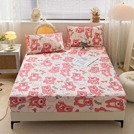 91家纺网 家纺一手货源 找家纺 绵庭 2023新款 全棉印花床笠 快乐草莓熊