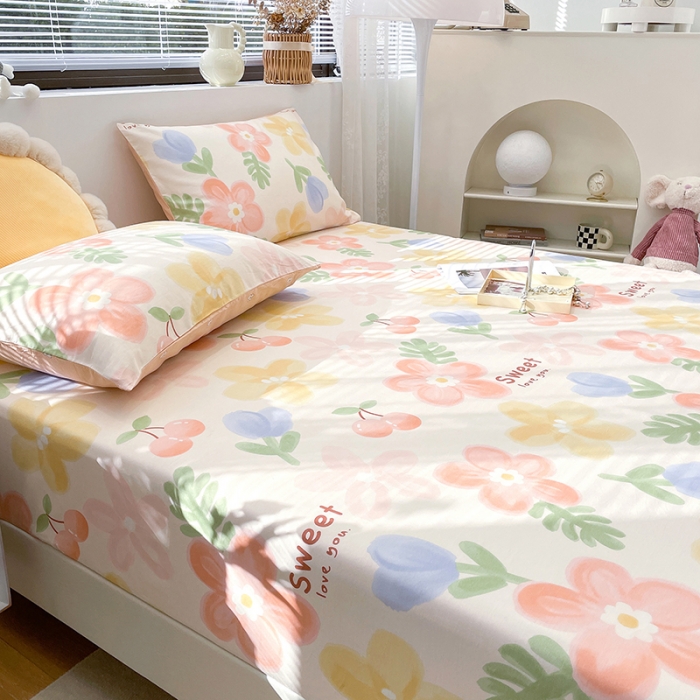 91家纺网 家纺一手货源 找家纺 绵庭 2023新款 全棉印花床笠 花蜜悠然