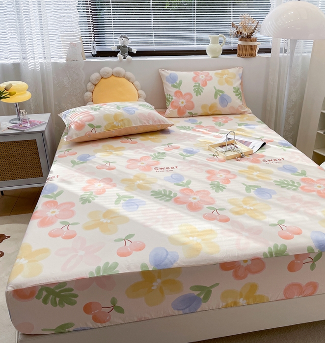 91家纺网 家纺一手货源 找家纺 绵庭 2023新款 全棉印花床笠 花蜜悠然