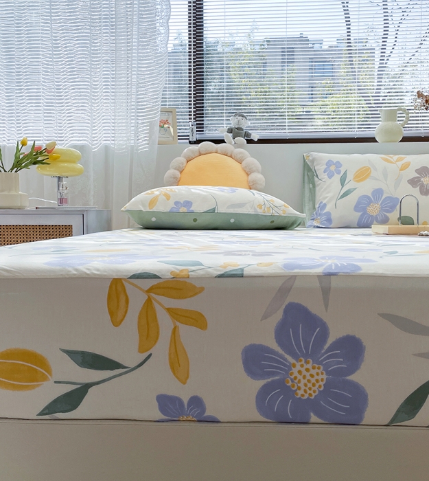 91家纺网 家纺一手货源 找家纺 绵庭 2023新款 全棉印花床笠 花清玉洁