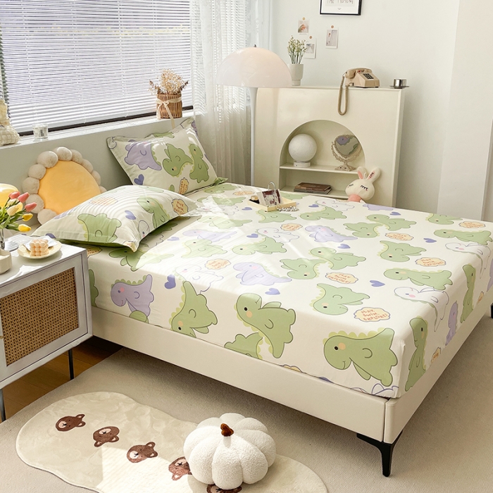 91家纺网 家纺一手货源 找家纺 绵庭 2023新款 全棉印花床笠 恐龙派对