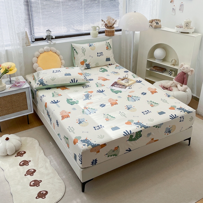 91家纺网 家纺一手货源 找家纺 绵庭 2023新款 全棉印花床笠 恐龙世界