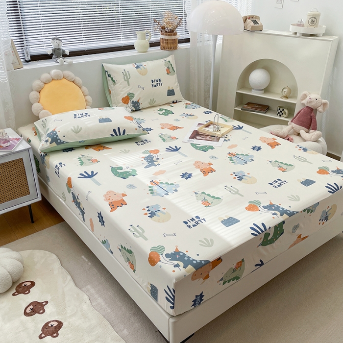 91家纺网 家纺一手货源 找家纺 绵庭 2023新款 全棉印花床笠 恐龙世界