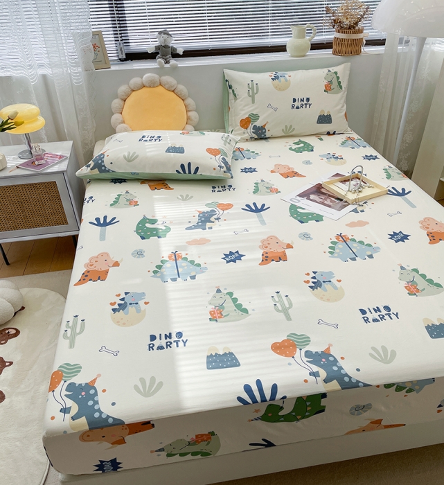 91家纺网 家纺一手货源 找家纺 绵庭 2023新款 全棉印花床笠 恐龙世界