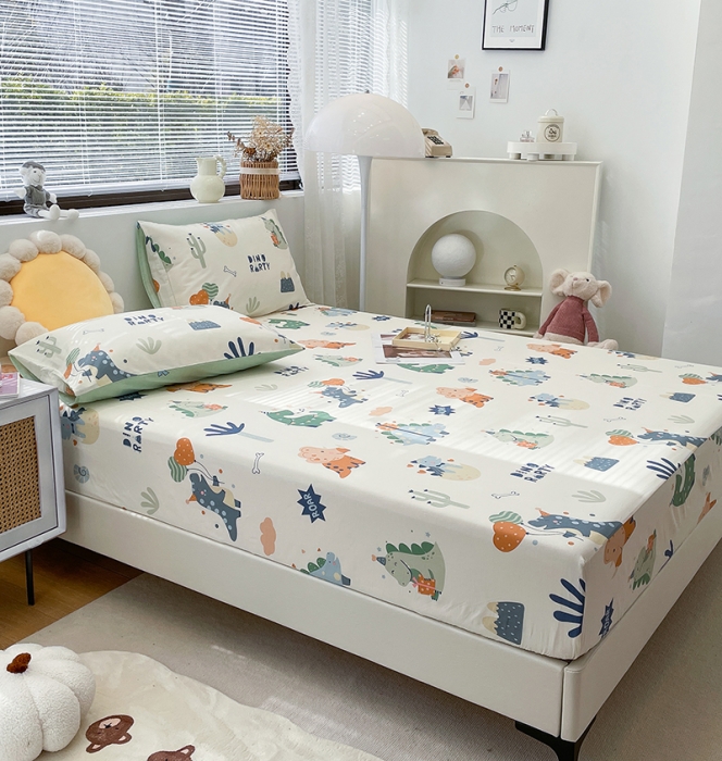 91家纺网 家纺一手货源 找家纺 绵庭 2023新款 全棉印花床笠 恐龙世界