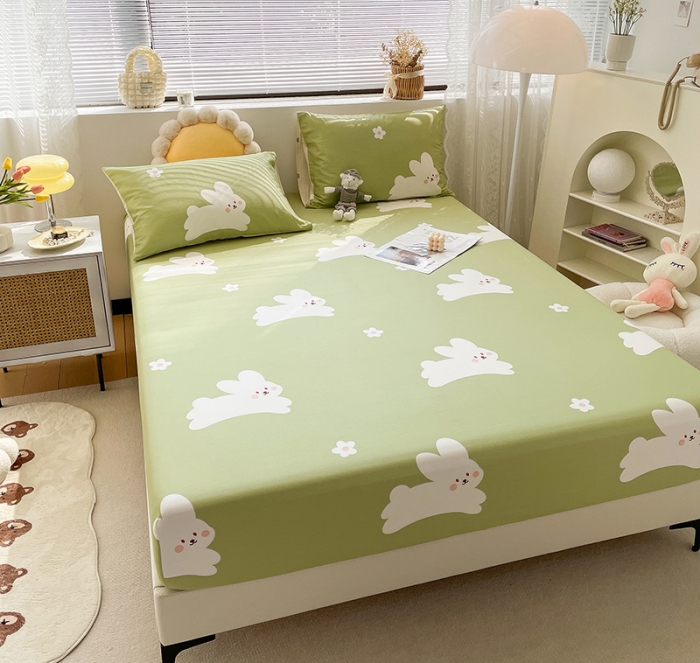 91家纺网 家纺一手货源 找家纺 绵庭 2023新款 全棉印花床笠 萌萌兔 绿