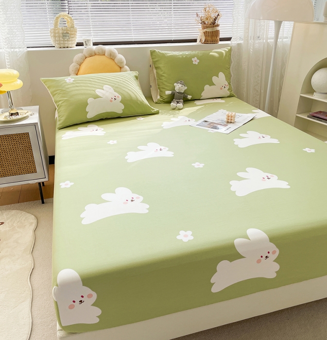 91家纺网 家纺一手货源 找家纺 绵庭 2023新款 全棉印花床笠 萌萌兔 绿