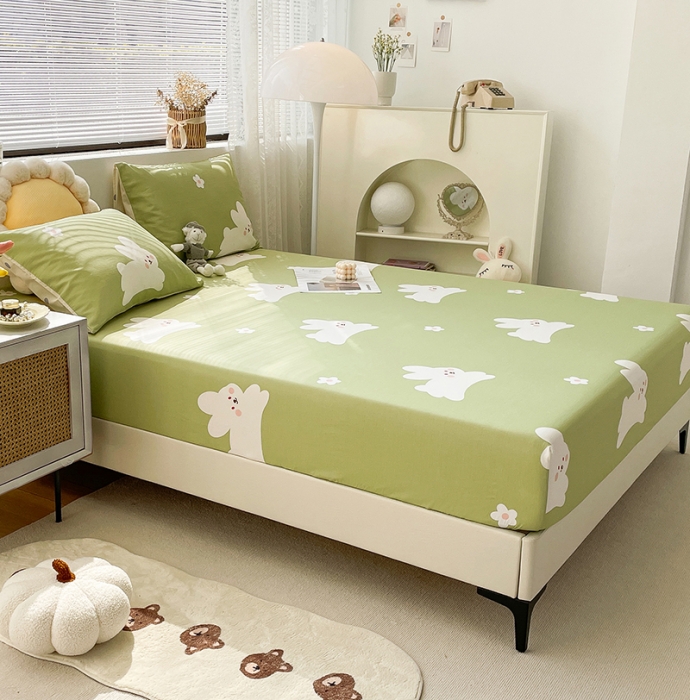 91家纺网 家纺一手货源 找家纺 绵庭 2023新款 全棉印花床笠 萌萌兔 绿