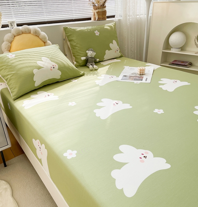 91家纺网 家纺一手货源 找家纺 绵庭 2023新款 全棉印花床笠 萌萌兔 绿
