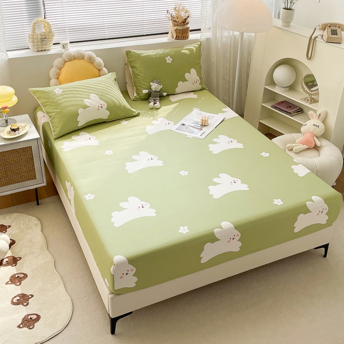 91家纺网 家纺一手货源 找家纺 绵庭 2023新款 全棉印花床笠 萌萌兔 绿