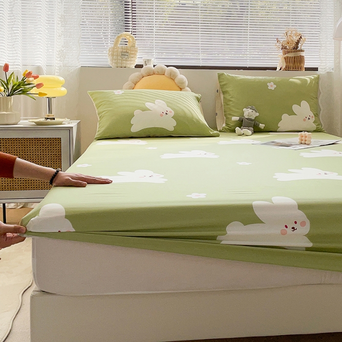 91家纺网 家纺一手货源 找家纺 绵庭 2023新款 全棉印花床笠 萌萌兔 绿