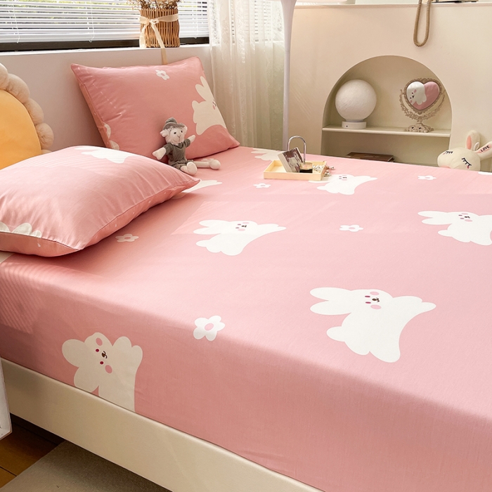 91家纺网 家纺一手货源 找家纺 绵庭 2023新款 全棉印花床笠 萌萌兔-粉