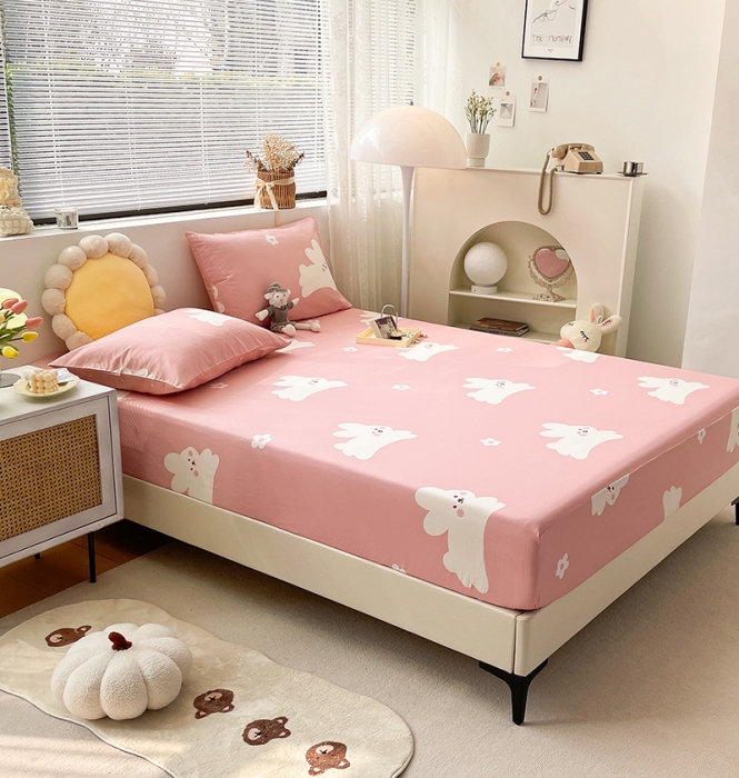 91家纺网 家纺一手货源 找家纺 绵庭 2023新款 全棉印花床笠 萌萌兔-粉