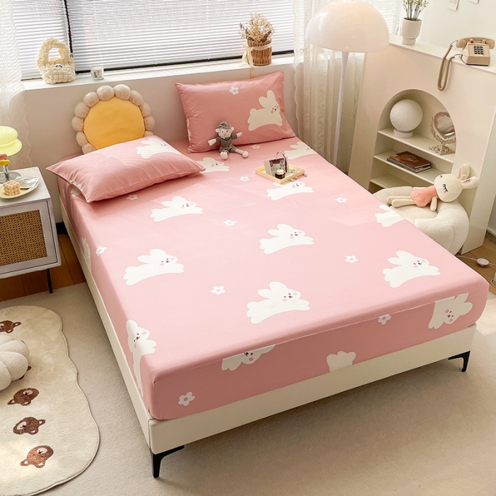 91家纺网 家纺一手货源 找家纺 绵庭 2023新款 全棉印花床笠 萌萌兔-粉