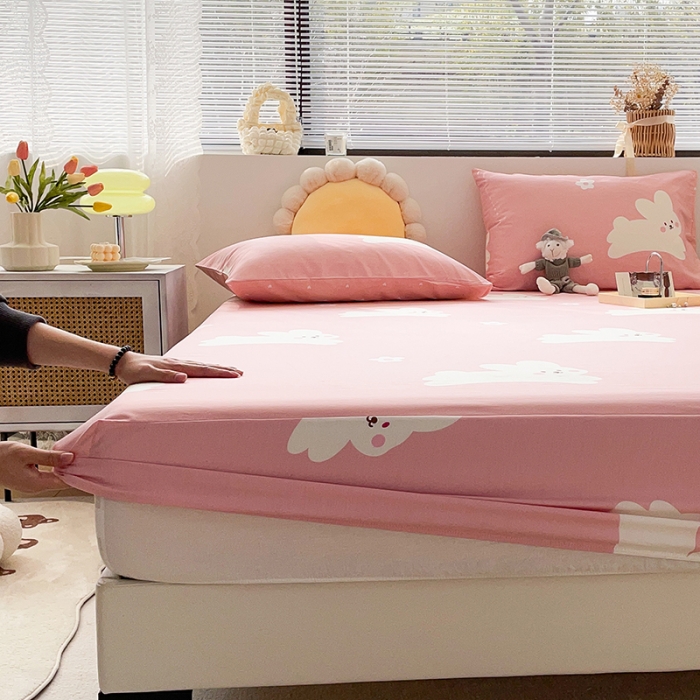 91家纺网 家纺一手货源 找家纺 绵庭 2023新款 全棉印花床笠 萌萌兔-粉