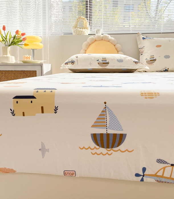 91家纺网 家纺一手货源 找家纺 绵庭 2023新款 全棉印花床笠 玩具乐园-米