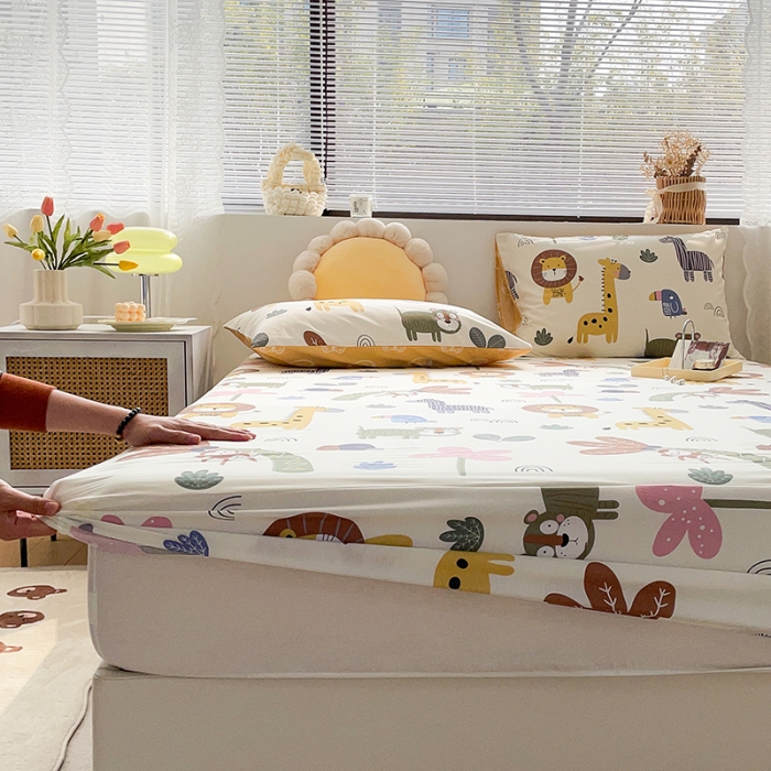 91家纺网 家纺一手货源 找家纺 绵庭 2023新款 全棉印花床笠 野生动物园