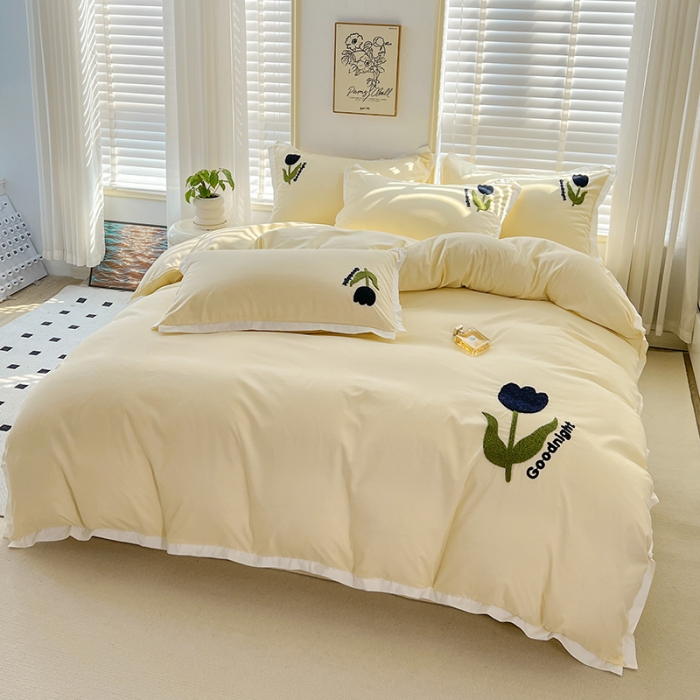 91家纺网 家纺一手货源 找家纺 包小包2024春夏新款工艺款毛巾绣臻丝棉四件套米兰系列奶油黄提供买家秀