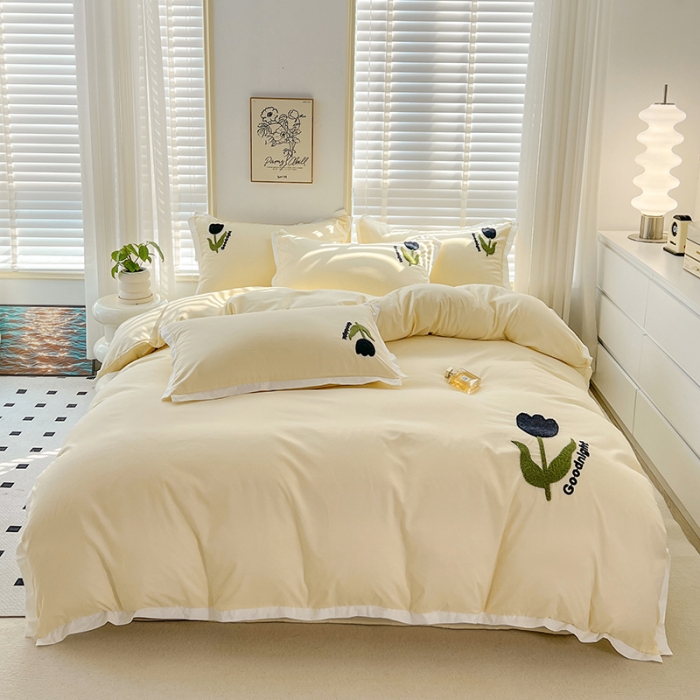 91家纺网 家纺一手货源 找家纺 包小包2024春夏新款工艺款毛巾绣臻丝棉四件套米兰系列奶油黄提供买家秀