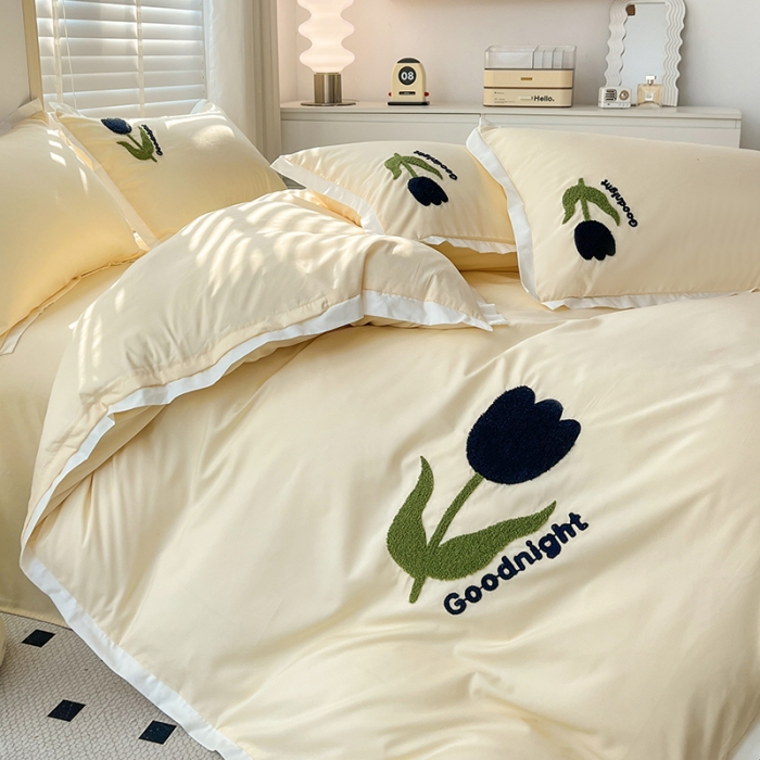 91家纺网 家纺一手货源 找家纺 包小包2024春夏新款工艺款毛巾绣臻丝棉四件套米兰系列奶油黄提供买家秀