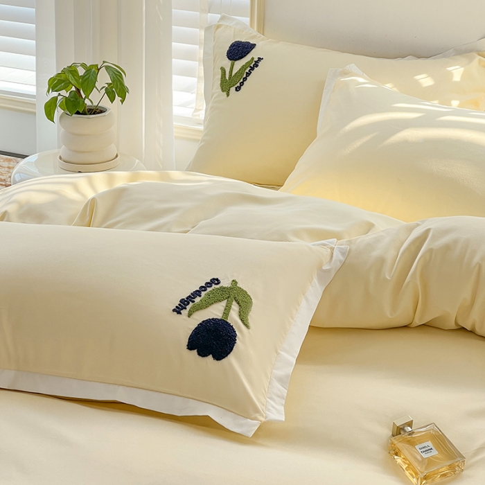 91家纺网 家纺一手货源 找家纺 包小包2024春夏新款工艺款毛巾绣臻丝棉四件套米兰系列奶油黄提供买家秀