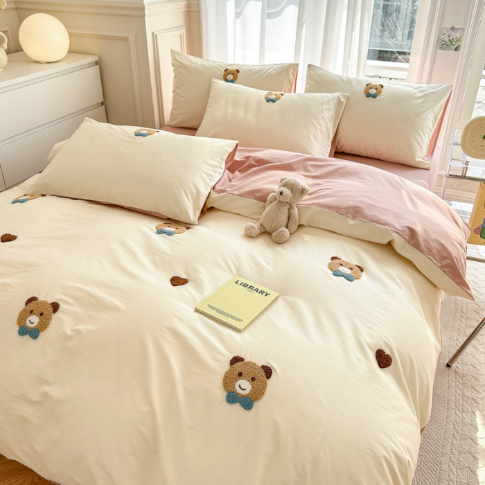 91家纺网 家纺一手货源 找家纺 锦觅 2024新款都市小清新ins全棉纯棉水洗棉毛巾绣四件套 熊先生