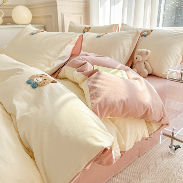 91家纺网 家纺一手货源 找家纺 锦觅 2024新款都市小清新ins全棉纯棉水洗棉毛巾绣四件套 熊先生