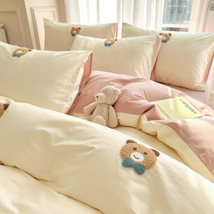 91家纺网 家纺一手货源 找家纺 锦觅 2024新款都市小清新ins全棉纯棉水洗棉毛巾绣四件套 熊先生