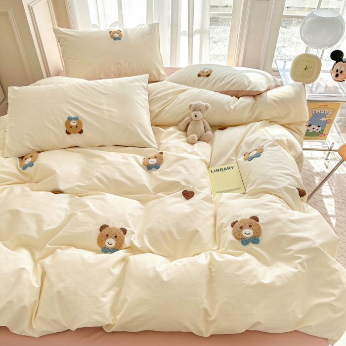 91家纺网 家纺一手货源 找家纺 锦觅 2024新款都市小清新ins全棉纯棉水洗棉毛巾绣四件套 熊先生