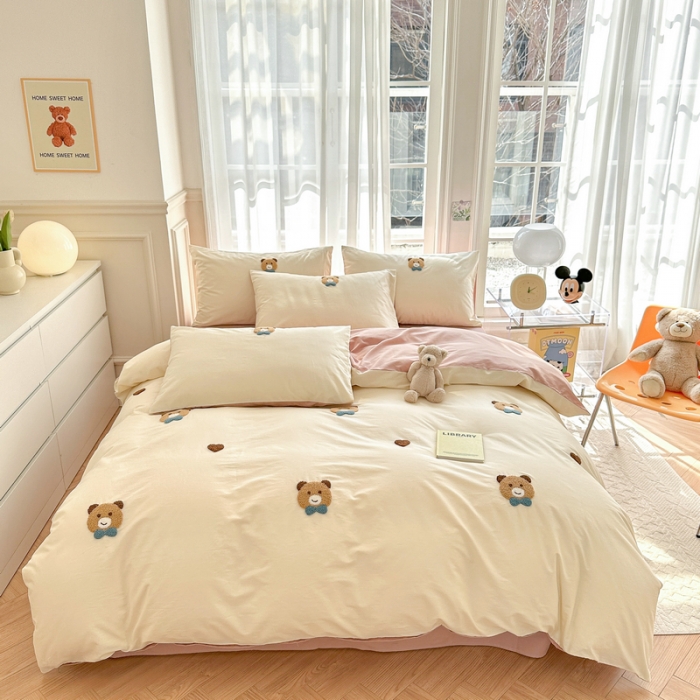 91家纺网 家纺一手货源 找家纺 锦觅 2024新款都市小清新ins全棉纯棉水洗棉毛巾绣四件套 熊先生