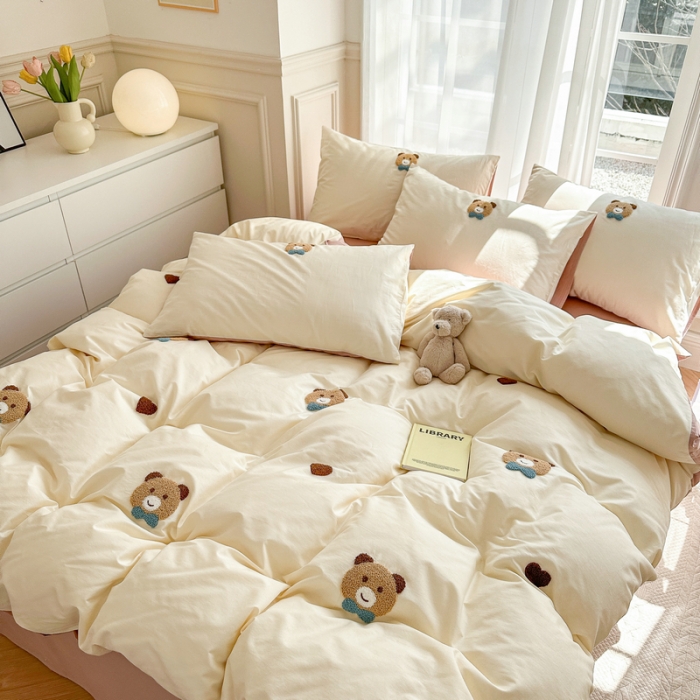 91家纺网 家纺一手货源 找家纺 锦觅 2024新款都市小清新ins全棉纯棉水洗棉毛巾绣四件套 熊先生