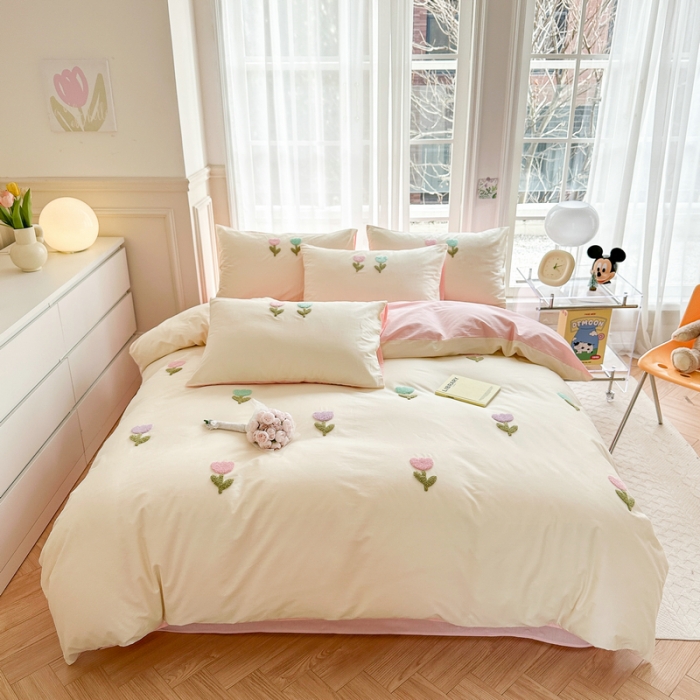 91家纺网 家纺一手货源 找家纺 锦觅2024新款都市小清新ins全棉纯棉水洗棉毛巾绣四件套 郁金香