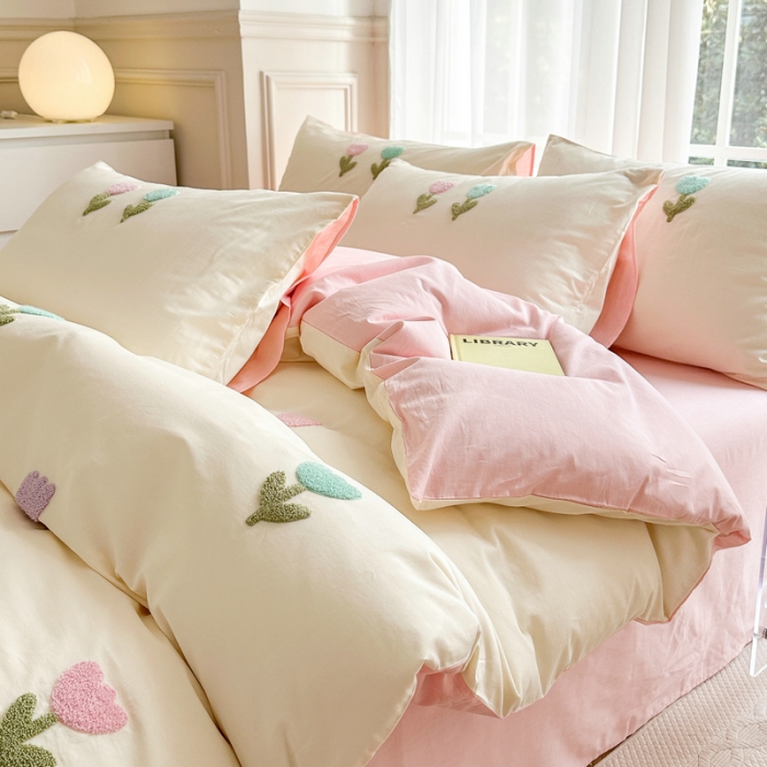 91家纺网 家纺一手货源 找家纺 锦觅2024新款都市小清新ins全棉纯棉水洗棉毛巾绣四件套 郁金香