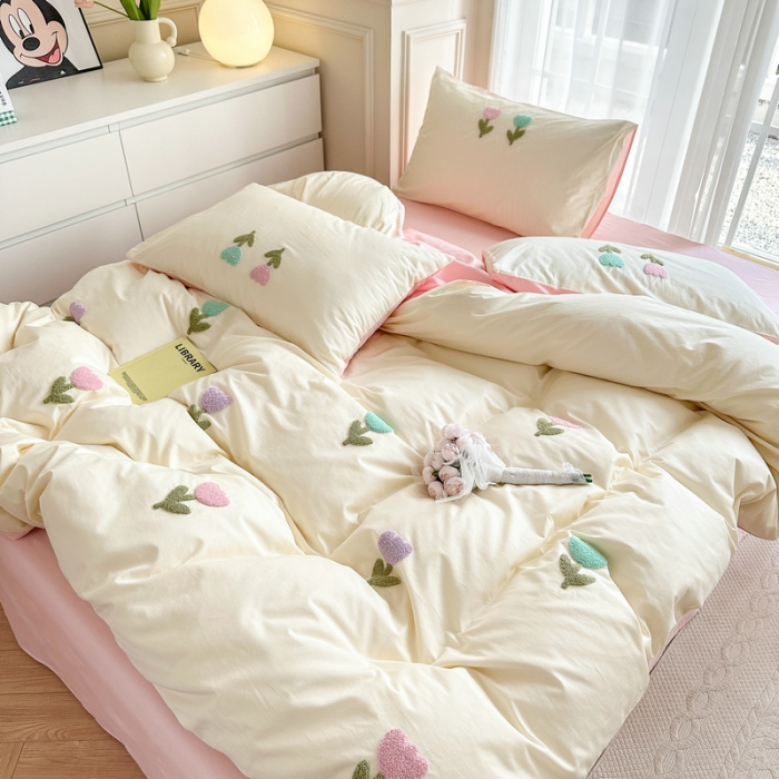 91家纺网 家纺一手货源 找家纺 锦觅2024新款都市小清新ins全棉纯棉水洗棉毛巾绣四件套 郁金香