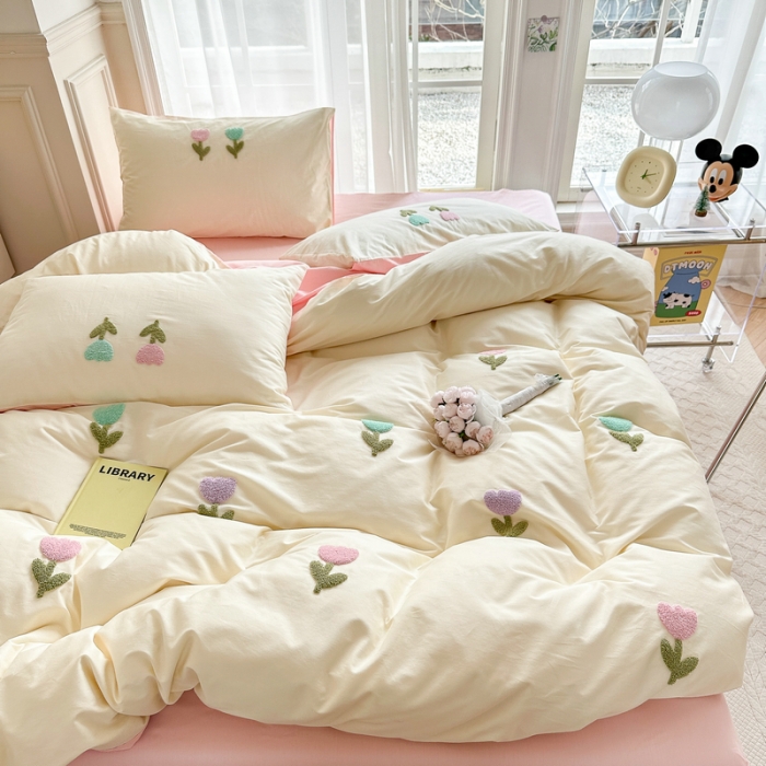 91家纺网 家纺一手货源 找家纺 锦觅2024新款都市小清新ins全棉纯棉水洗棉毛巾绣四件套 郁金香