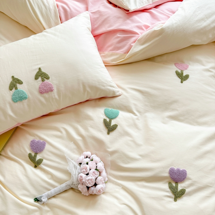 91家纺网 家纺一手货源 找家纺 锦觅2024新款都市小清新ins全棉纯棉水洗棉毛巾绣四件套 郁金香