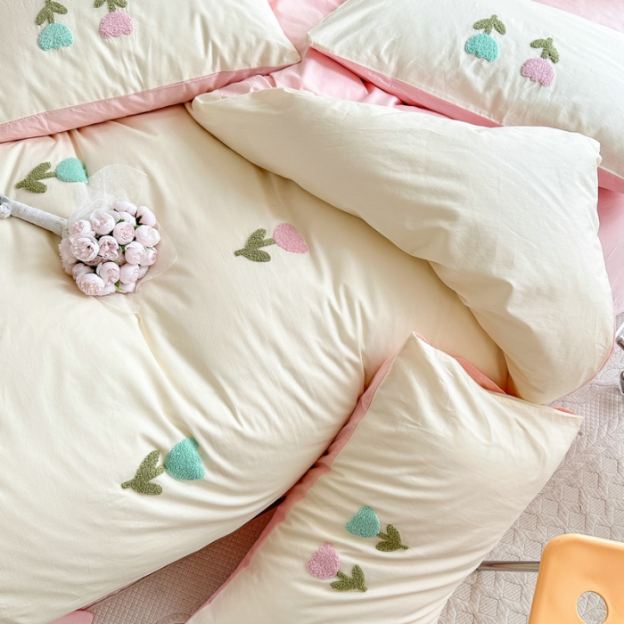 91家纺网 家纺一手货源 找家纺 锦觅2024新款都市小清新ins全棉纯棉水洗棉毛巾绣四件套 郁金香