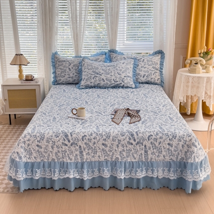 91家纺网 家纺一手货源 找家纺 A类水洗棉麻双层纱床盖四件套 夹棉床笠被套枕套 蕾丝花边床盖直播供货 相思