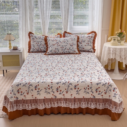 91家纺网 家纺一手货源 找家纺 A类水洗棉麻双层纱床盖四件套 夹棉床笠被套枕套 蕾丝花边床盖直播供货 春意