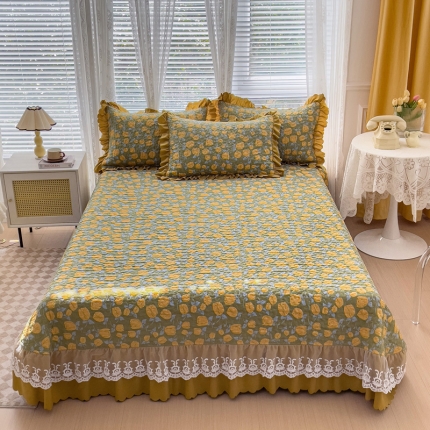 91家纺网 家纺一手货源 找家纺 A类水洗棉麻双层纱床盖四件套 夹棉床笠被套枕套 蕾丝花边床盖直播供货 春意